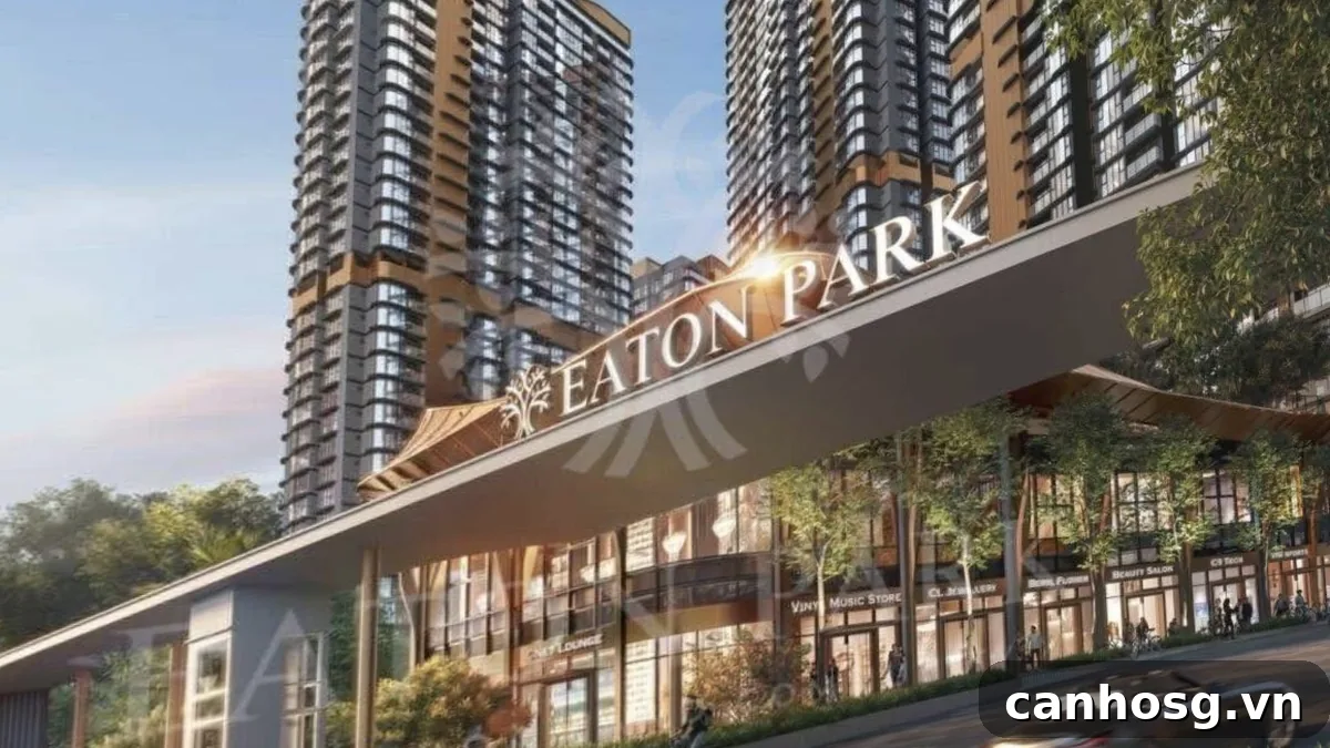 Cổng dự án Eaton Park nhìn từ góc chéo, các toà tháp phía sau