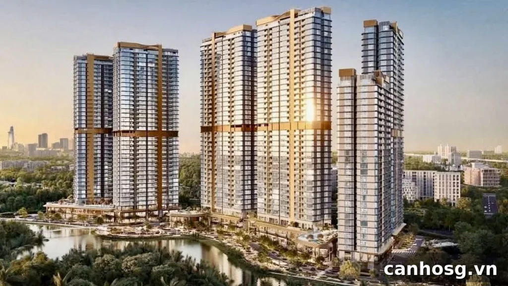 Tổng thể dự án Eaton Park với nhiều toà tháp căn hộ bên mặt nước