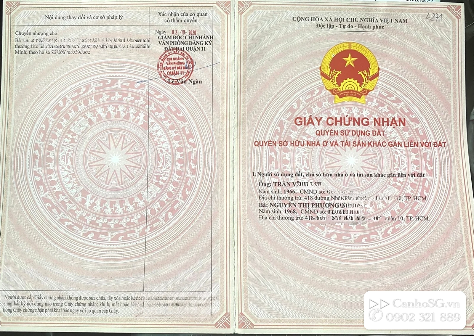 Sổ hồng căn hộ The Everrich Quận 11 bìa và trang xác nhận sang tên