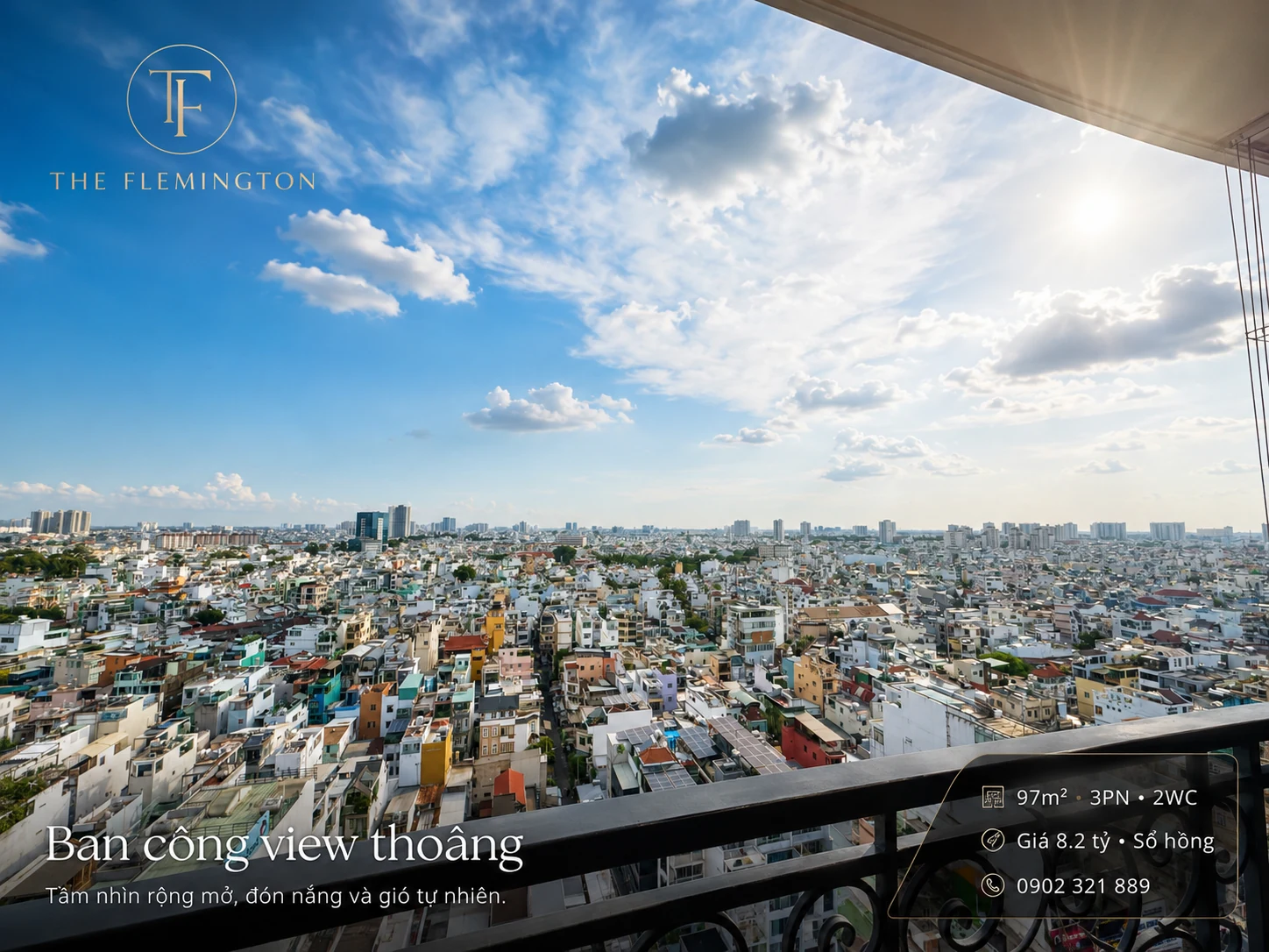 Ban công căn hộ The Flemington 97m² 3PN với view thành phố thoáng rộng, đón nắng và gió tự nhiên.