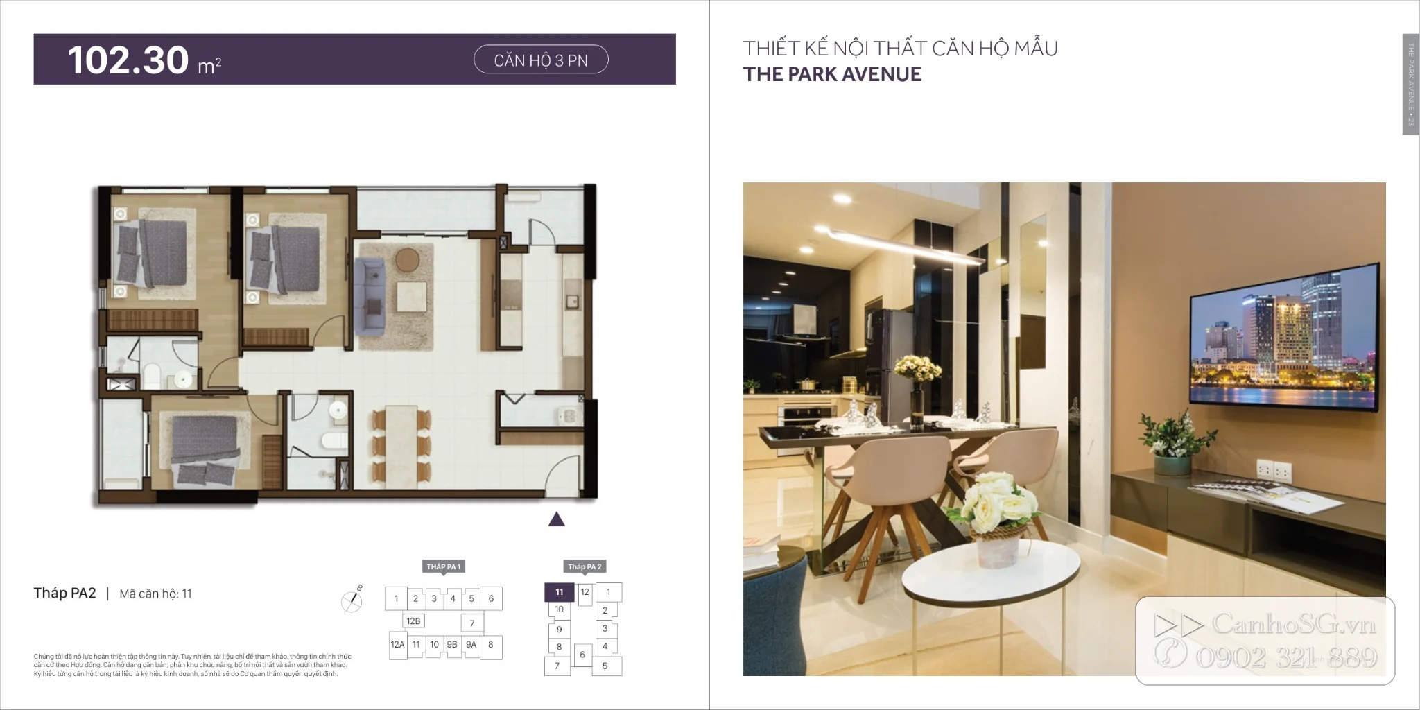 Mặt bằng căn hộ The Park Avenue 102,30m2 và phối cảnh nội thất mẫu hiện đại cho người tìm thuê căn hộ.