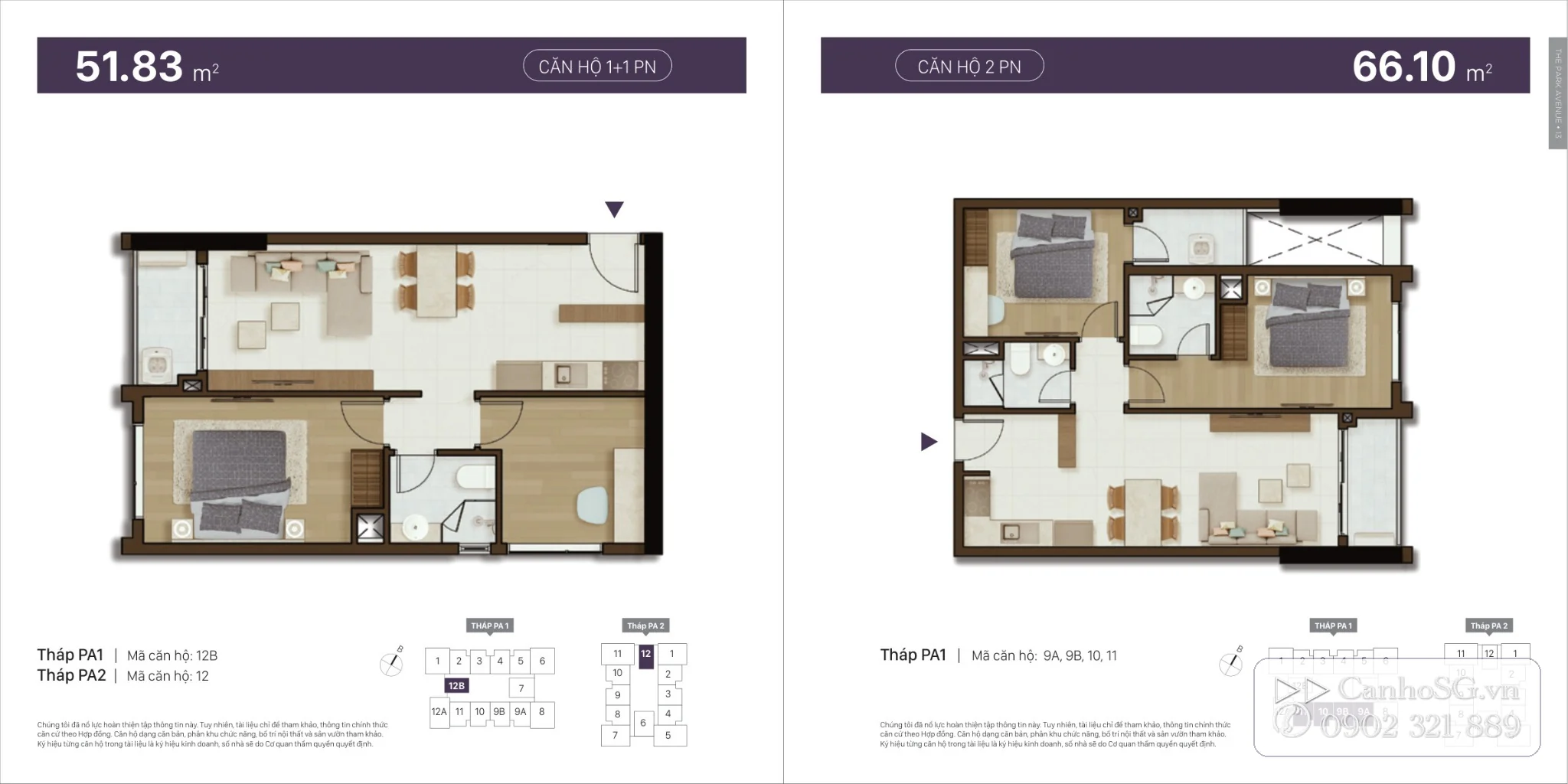 Mặt bằng căn hộ The Park Avenue 51,83m2 và 66,10m2 phù hợp nhu cầu thuê 1 đến 2 phòng ngủ tại Quận 11.