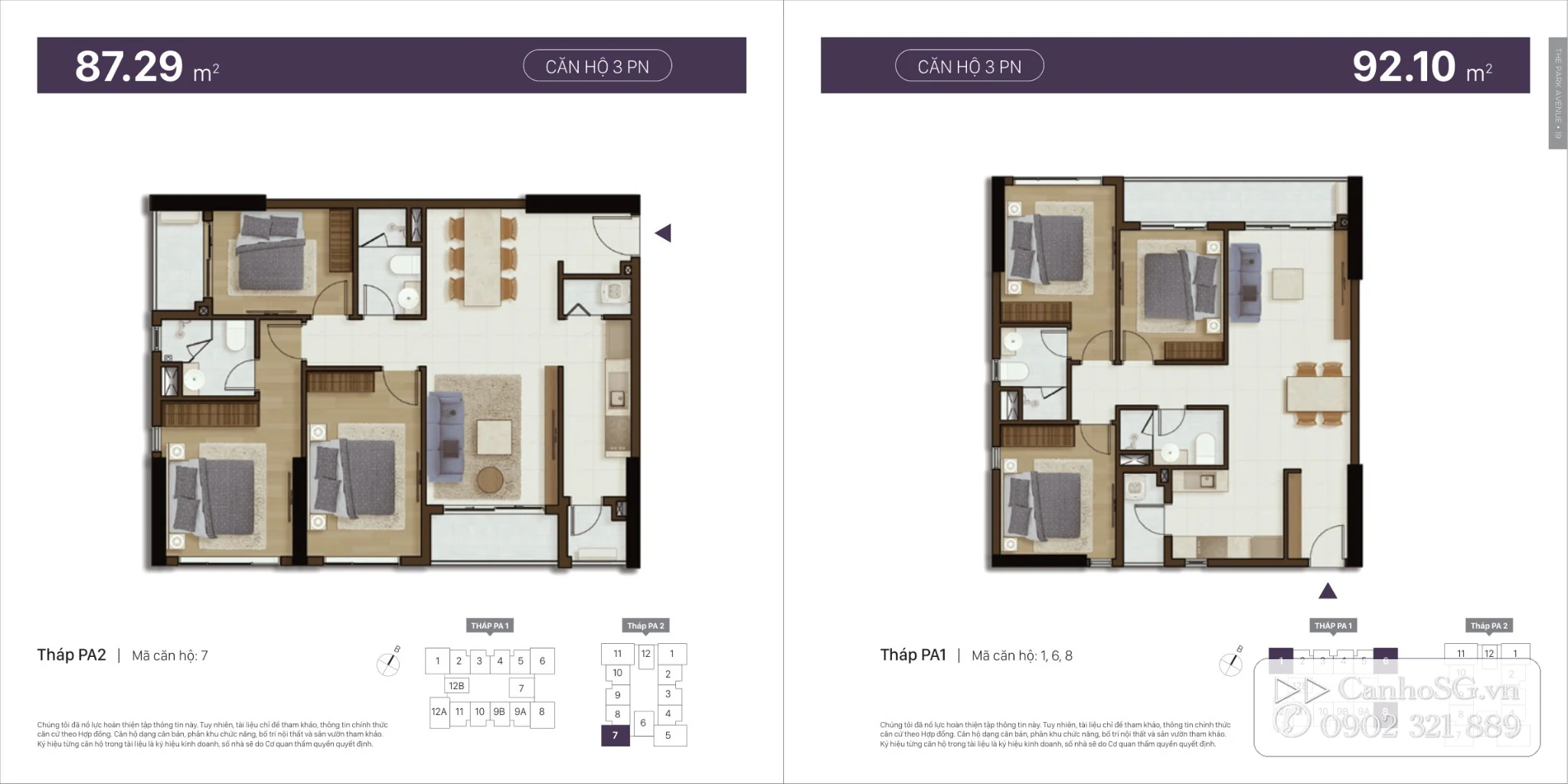 Mặt bằng căn hộ The Park Avenue 3 phòng ngủ diện tích 87,29m2 và 92,10m2 dành cho gia đình cần không gian rộng.