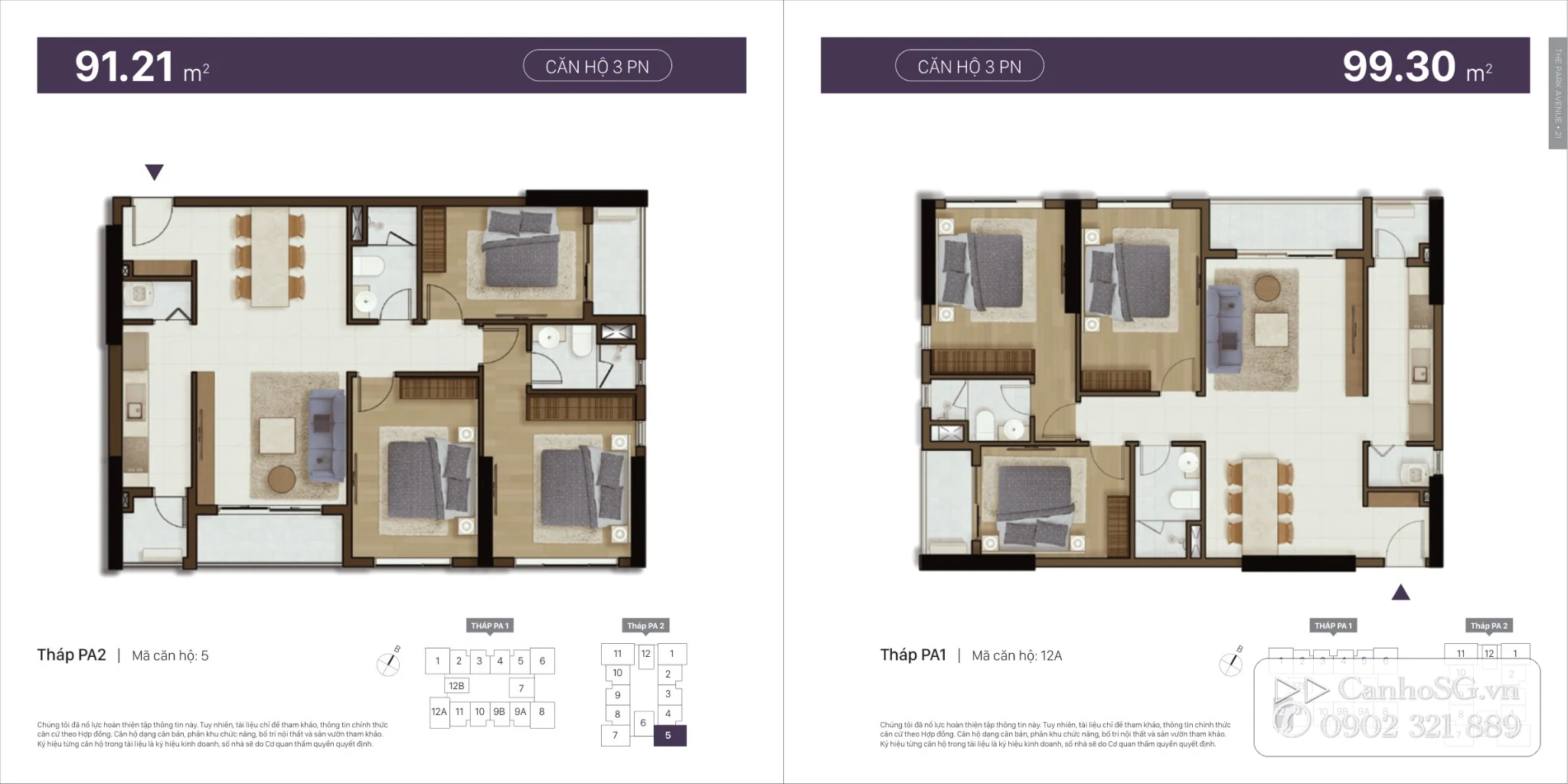 Thiết kế căn hộ The Park Avenue 3 phòng ngủ diện tích 91,21m2 và 99,30m2 với bố trí rộng rãi, tiện nghi.