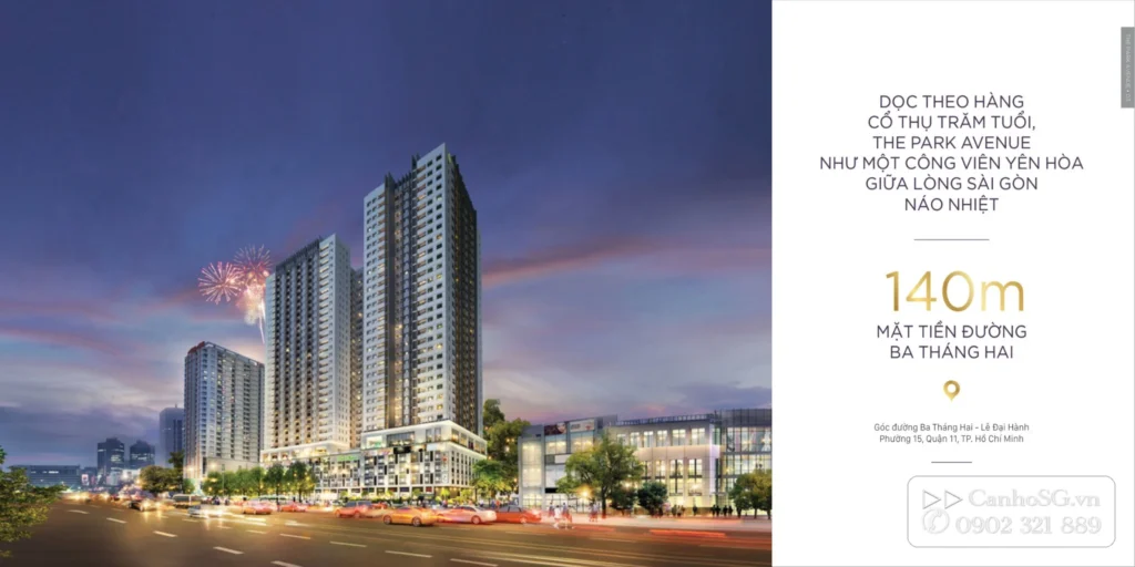 Phối cảnh dự án The Park Avenue trên mặt tiền đường Ba Tháng Hai, Quận 11, thuận tiện cho khách thuê căn hộ.