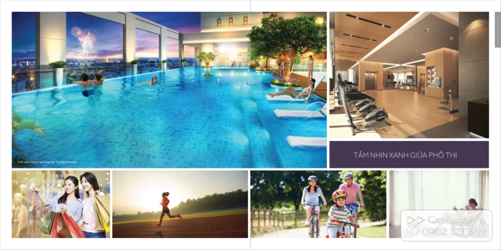 Tiện ích hồ bơi The Park Avenue trên cao, phòng gym, mua sắm, chạy bộ và không gian sống xanh giữa phố thị.