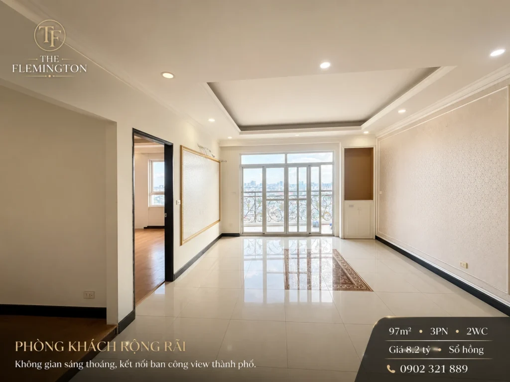 Bán căn hộ The Flemington 97m² 3PN, phòng khách rộng rãi, trần cao, sàn sáng, dễ cải tạo nội thất mới.