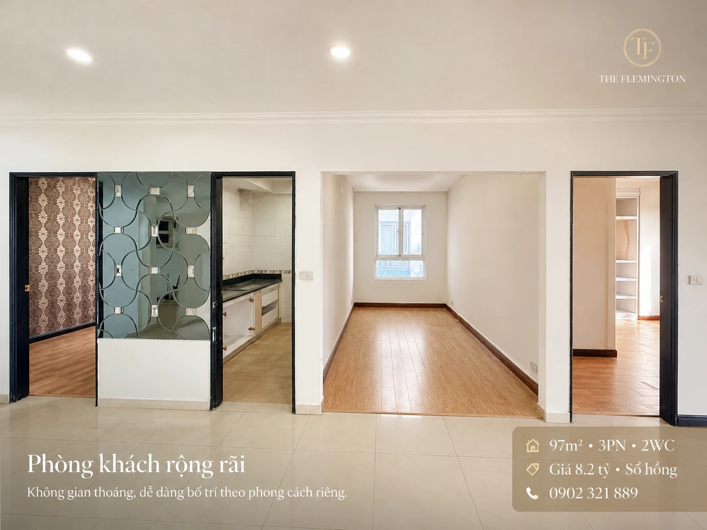Phòng khách rộng rãi căn hộ The Flemington Quận 11, diện tích 97m², 3PN, 2WC, giá bán 8.2 tỷ.