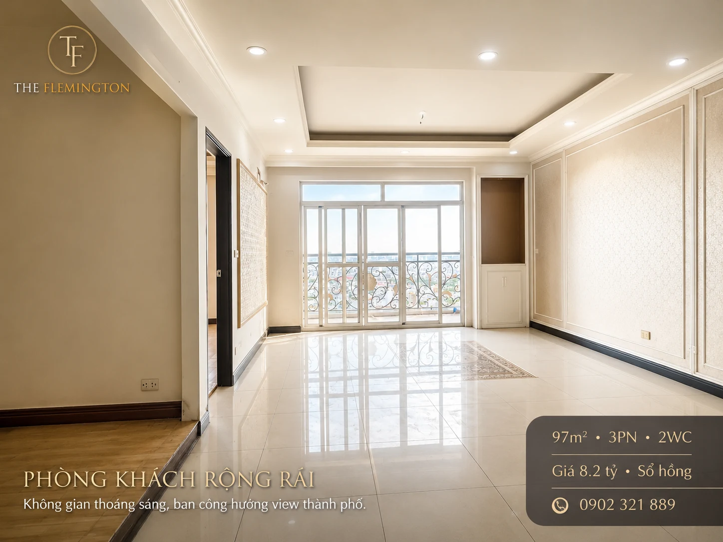 Phòng khách căn hộ The Flemington 97m² 3PN có ban công view thành phố, không gian sáng thoáng và dễ decor mới.