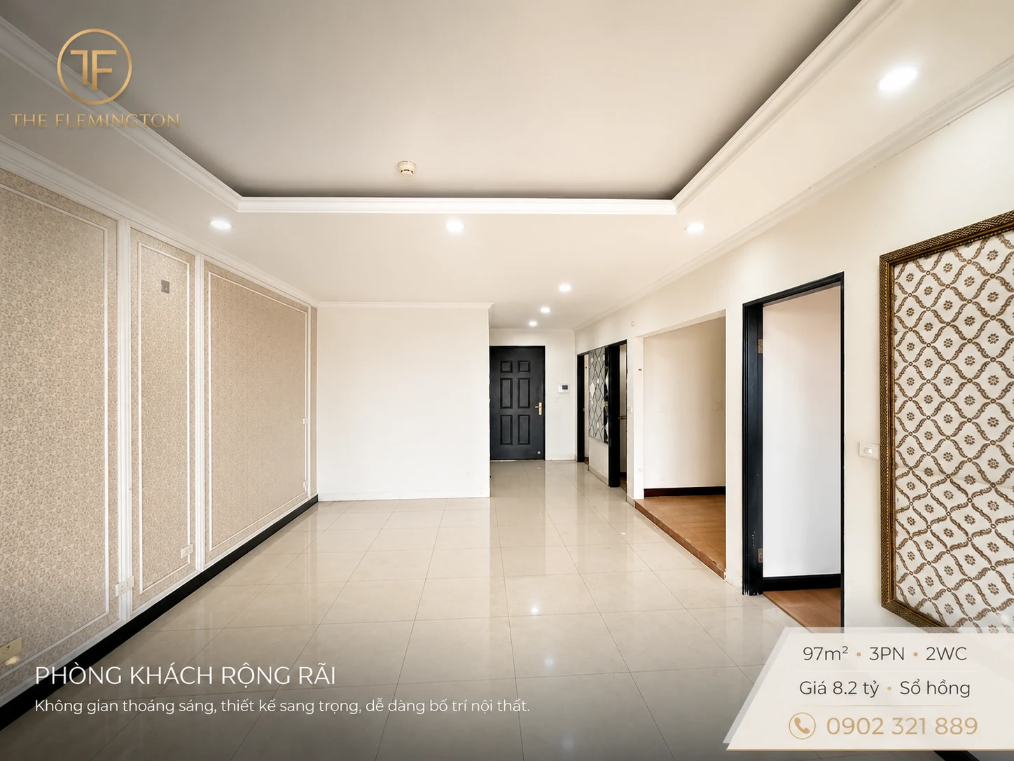 Bán căn hộ The Flemington 97m² 3PN, phòng khách rộng rãi, trần cao, sàn sáng