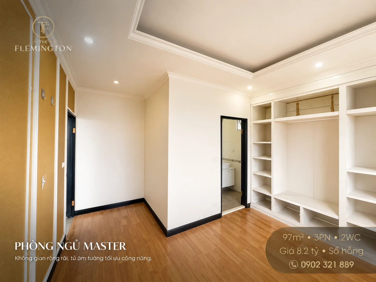 Phòng ngủ master căn hộ The Flemington 97m² 3 phòng ngủ, có tủ âm tường, không gian rộng, dễ thiết kế lại.