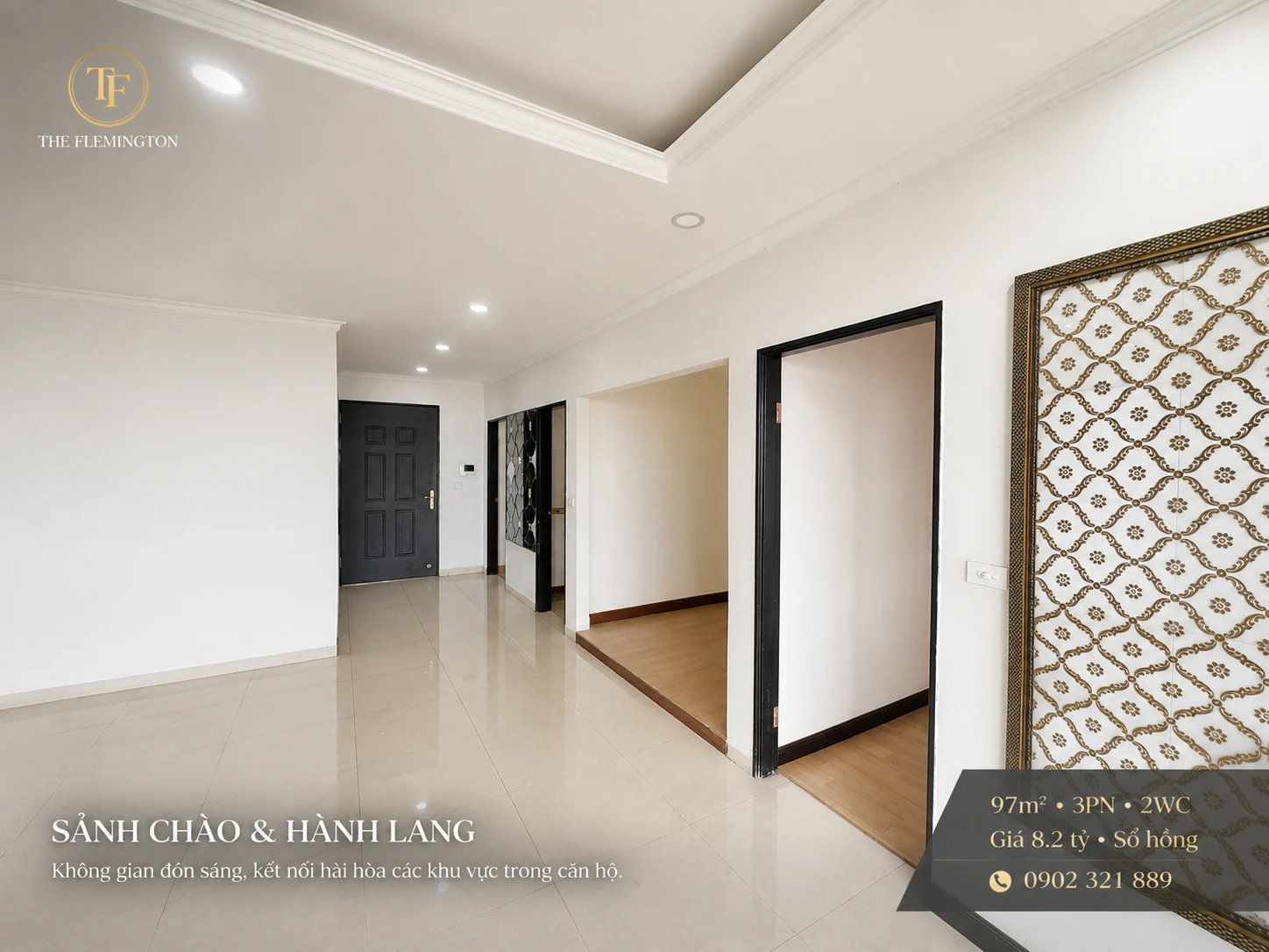 Cửa lối vào căn hộ The Flemington 97m², kết nối các khu vực trong căn hộ 3 phòng ngủ 2 nhà vệ sinh.
