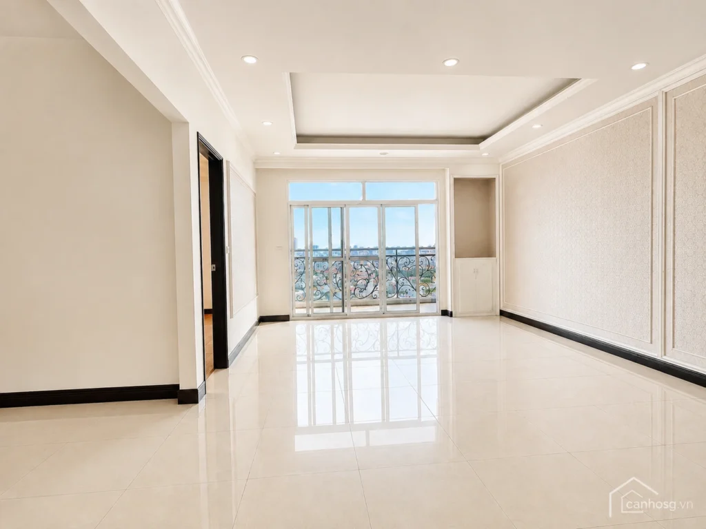 Phòng khách căn hộ The Flemington 96m² cần bán với sàn gạch sáng bóng, cửa kính lớn và ban công thoáng.