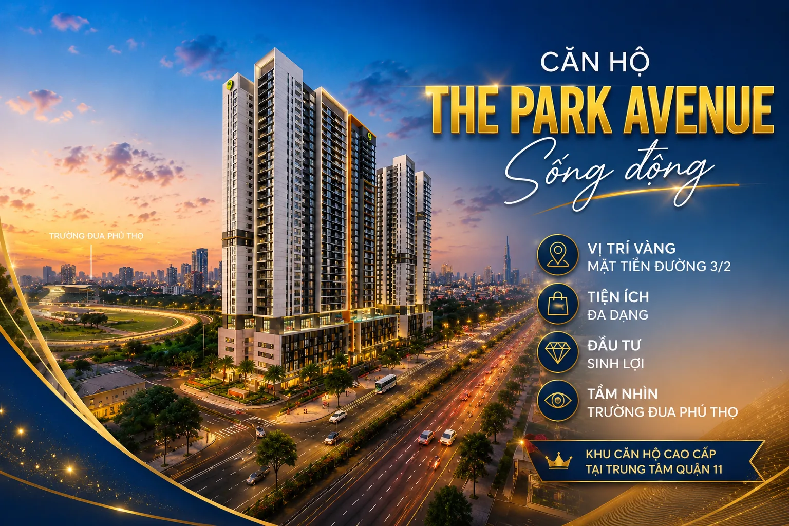 căn hộ The Park Avenue Quận 11 với góc nhìn toàn cảnh hướng về Trường đua Phú Thọ, vị trí đắc địa trên đường 3 Tháng 2, khu căn hộ cao cấp hiện đại.