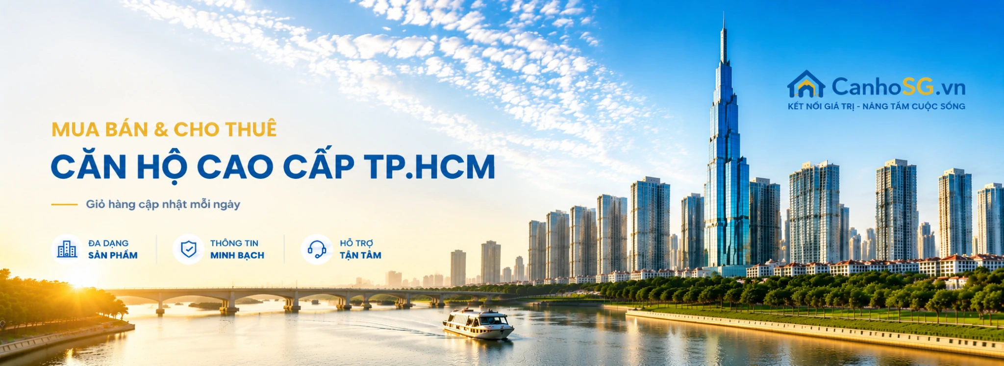 Banner CanhoSG.vn giới thiệu dịch vụ mua bán và cho thuê căn hộ cao cấp tại TP.HCM với hình ảnh Landmark 81 và khu đô thị ven sông.