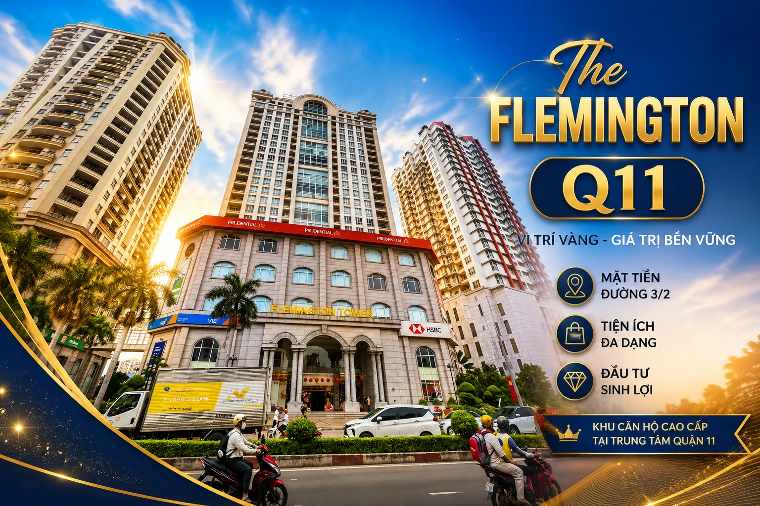 Toàn cảnh dự án The Flemington Quận 11 trên mặt tiền đường 3 Tháng 2, khu căn hộ cao cấp với vị trí trung tâm, nhiều tiện ích và tiềm năng đầu tư.