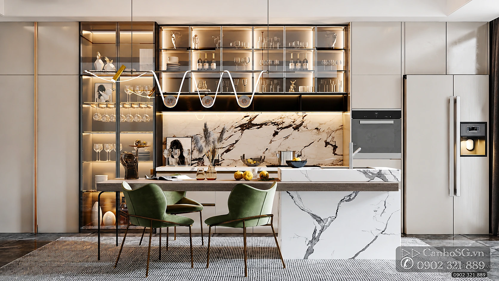 Khu bếp đảo sang trọng tại căn hộ The Park Avenue Quận 11 cho thuê theo tháng, phù hợp khách ở lâu dài yêu thích không gian bếp cao cấp.