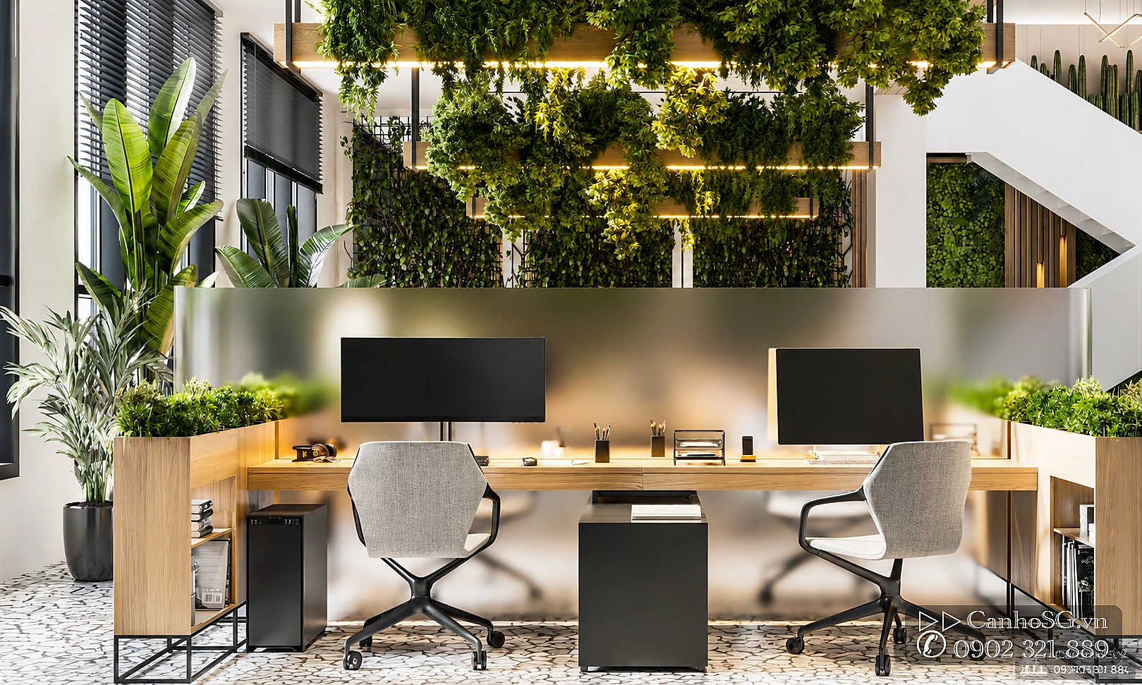 Không gian làm việc xanh trong căn hộ The Park Avenue Quận 11 cho thuê theo tháng, hiện đại và thoáng sáng.