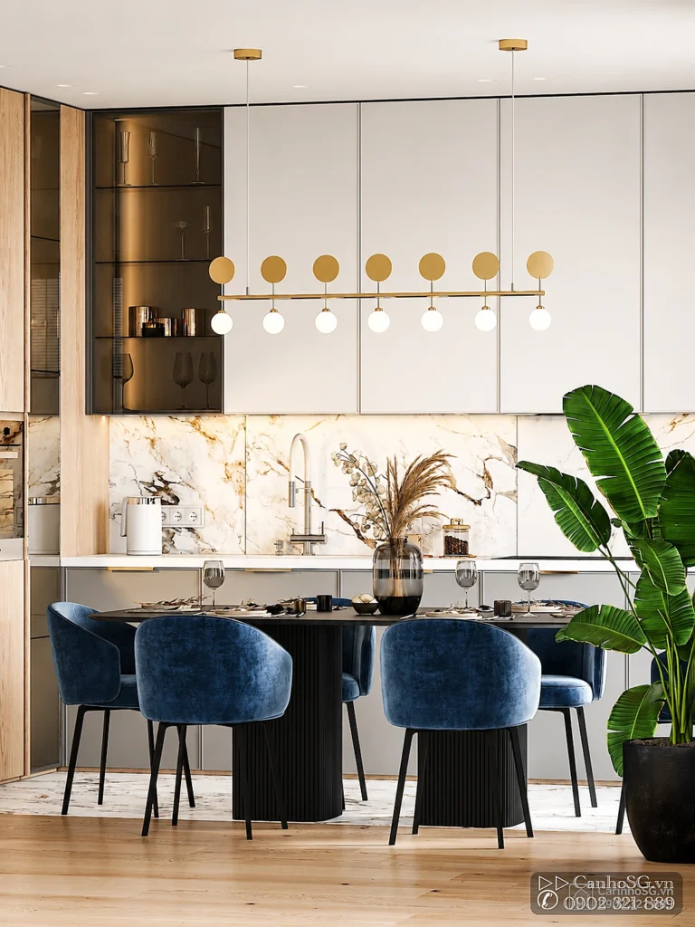 Phòng ăn và bếp hiện đại trong căn hộ The Park Avenue Quận 11 cho thuê theo tháng, thiết kế tinh tế và tiện nghi.