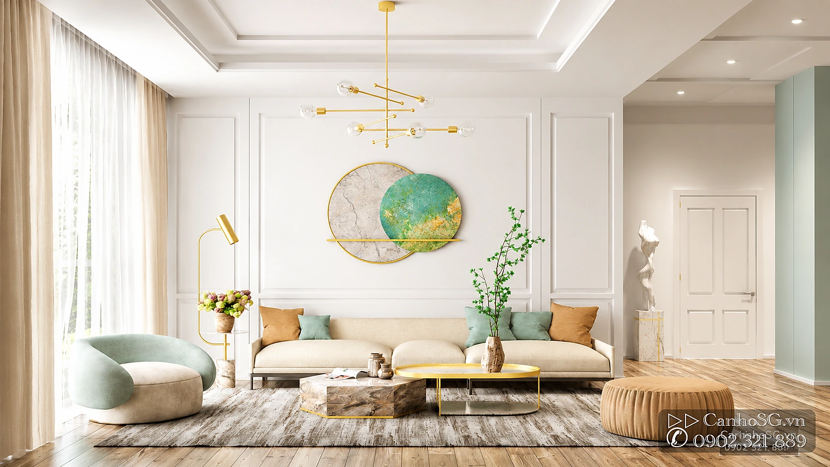 Phòng khách căn hộ The Park Avenue Quận 11 cho thuê theo tháng với thiết kế sang trọng, tông màu sáng và nội thất hiện đại.