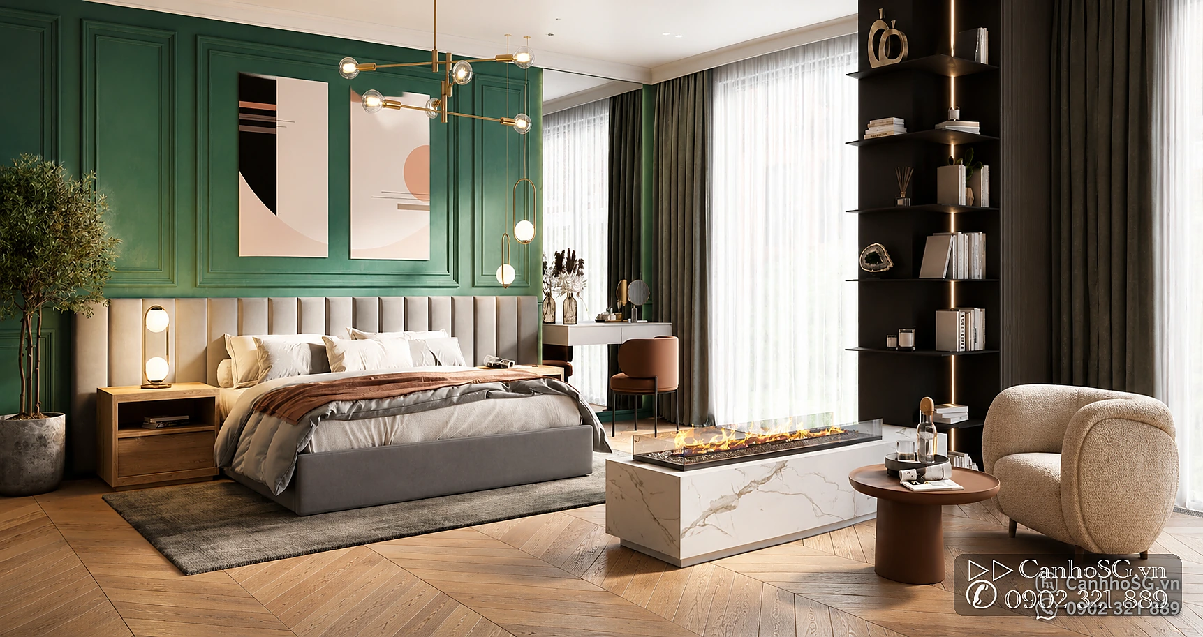 Phòng ngủ master hiện đại tại căn hộ The Park Avenue Quận 11 cho thuê theo tháng, thiết kế ấm cúng và nội thất cao cấp.