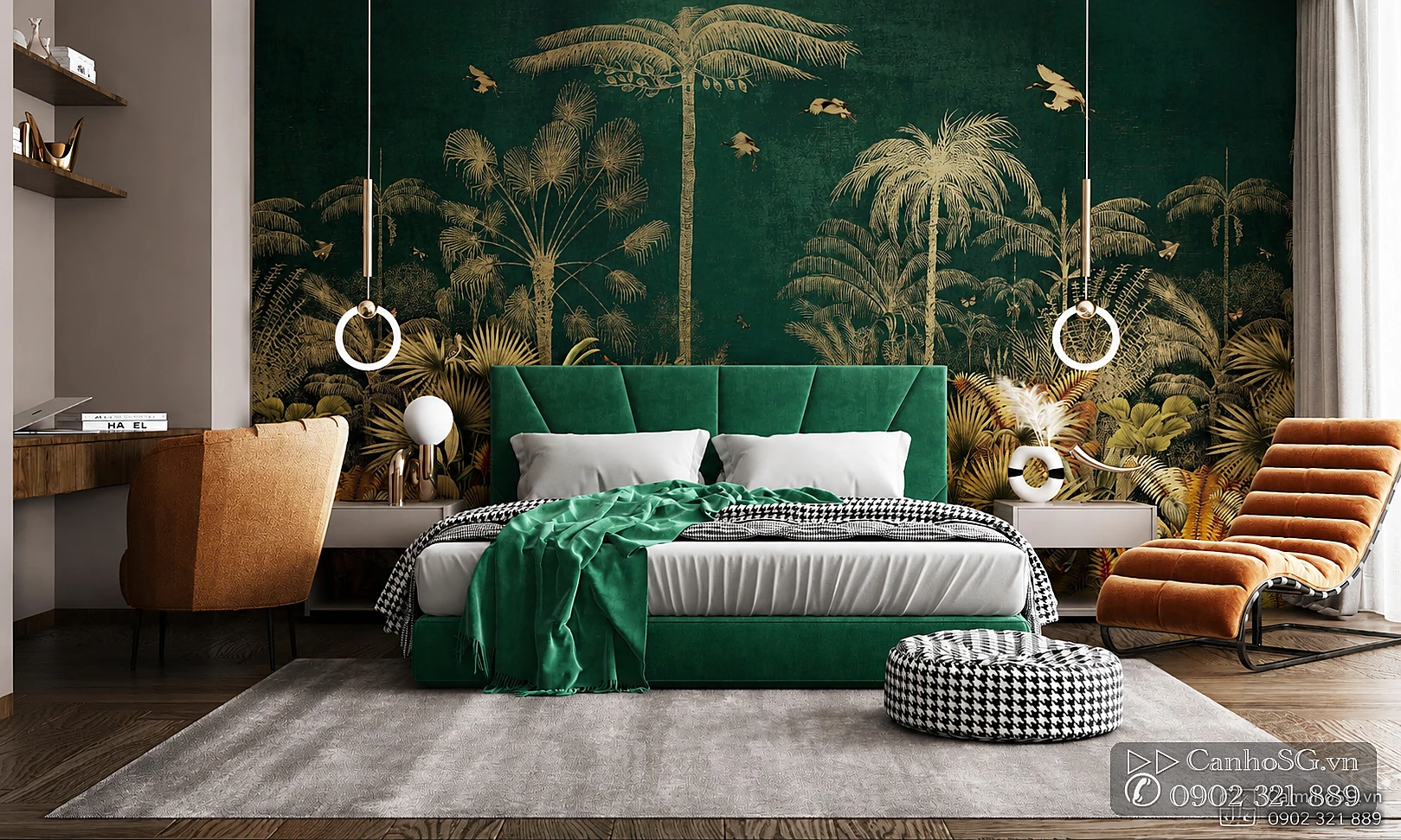 Phòng ngủ tropical cao cấp tại căn hộ The Park Avenue Quận 11 cho thuê theo tháng, nội thất ấn tượng và không gian nghỉ ngơi sang trọng.