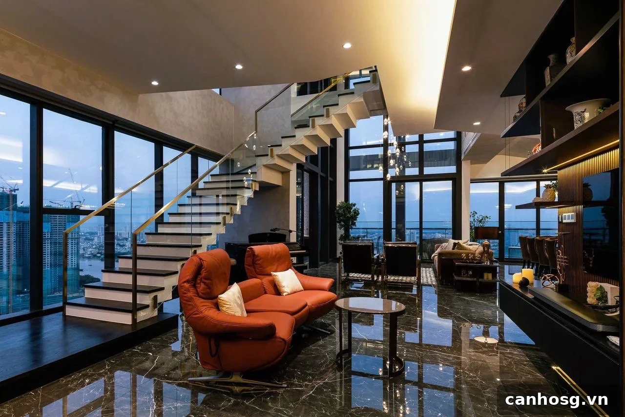 Phòng khách thông tầng Penthouse Duplex Vinhomes Golden River 280m2 với cửa kính lớn và nội thất cao cấp