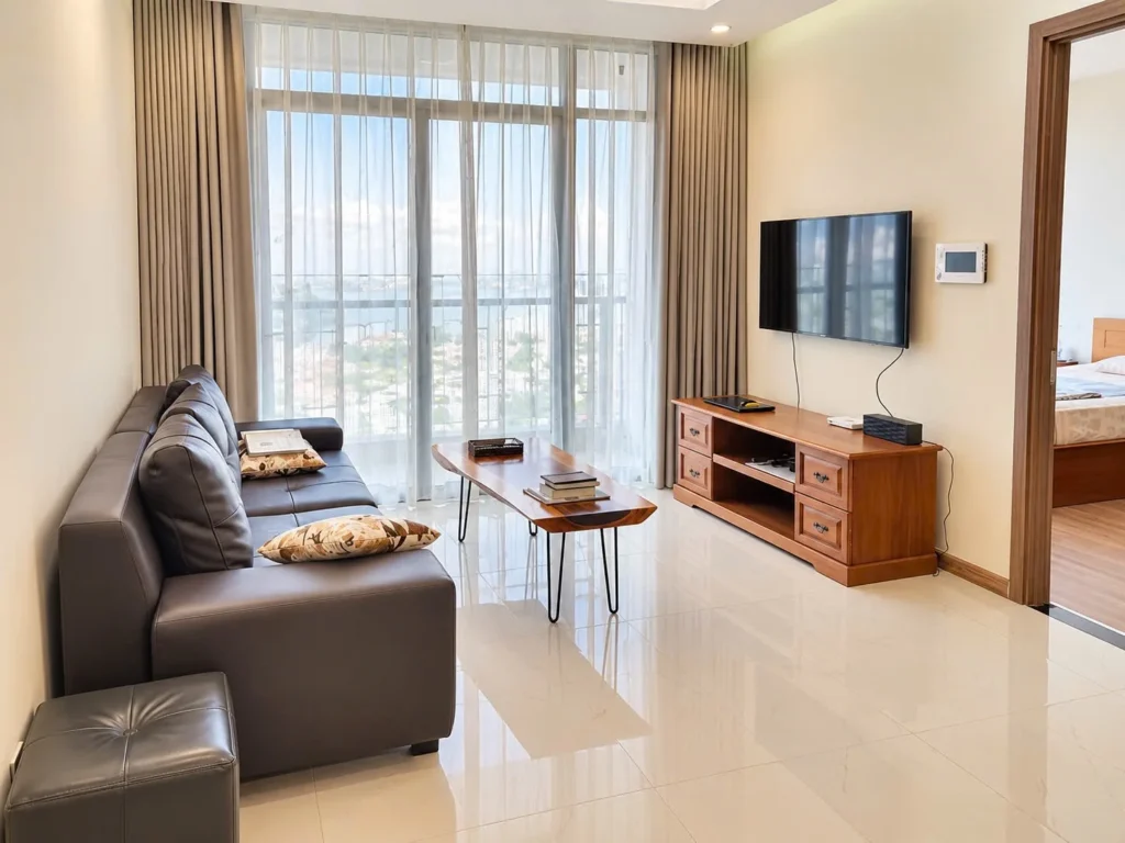 Phòng khách có sofa, bàn trà và tivi cạnh cửa kính lớn